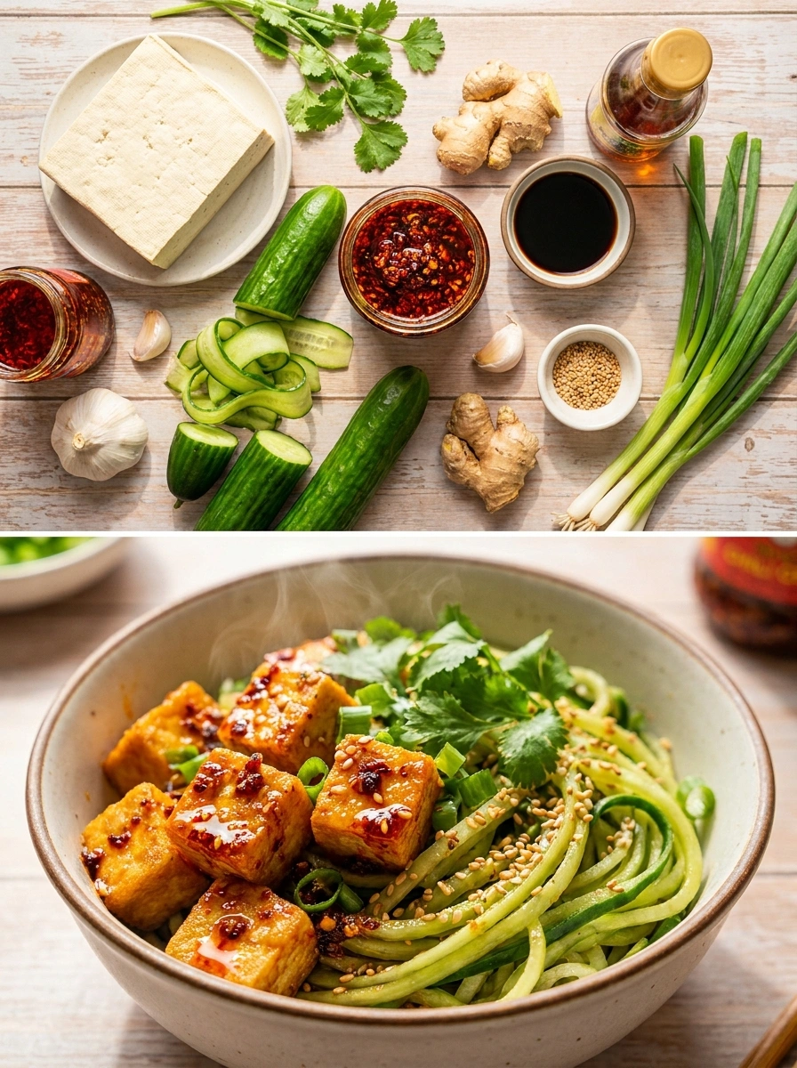 Chili crisp tofu med gurknudlar